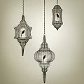 Black Metal Wire Frame Lantern Shaped Chandeliers With Small Bird Accents Hanging Against Light Wall
