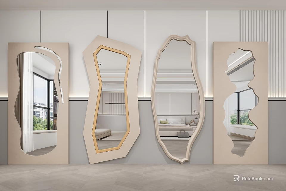 Multiple Stylish Modern Irregular Mirrors With Unique Shapes On Interior Wall 3d model 