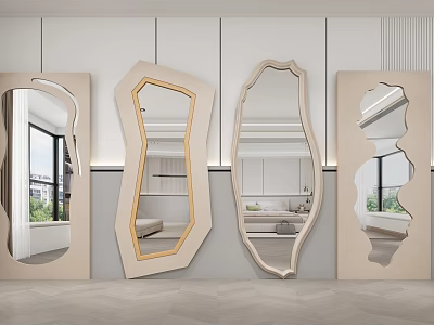 Multiple Stylish Modern Irregular Mirrors With Unique Shapes On Interior Wall 3d model