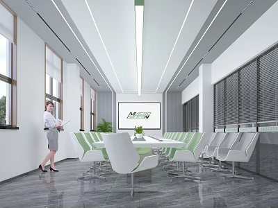 Modern Bright Meeting Room Interior With White Green Chairs Conference Table Projection Screen And Windows 3d model