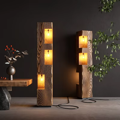 Wooden Floor Lamp With Three Light Panels And Warm Glow For Indoor Natural Decor 3d model