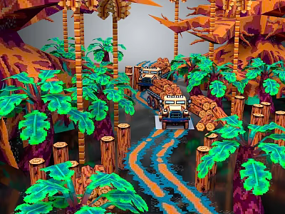 Wooden Timber Transport In Forest With Trucks Carrying Logs On Road 3d model