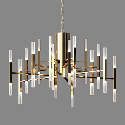 Elegant Modern Chandelier with Gold Metal Frame and Transparent Glass Tubes for Contemporary Interior Decoration 3d model