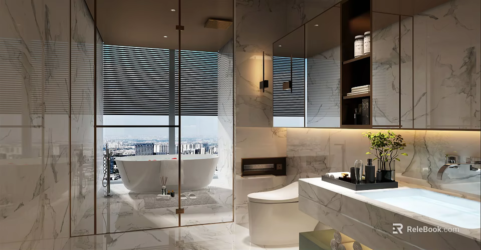 Luxurious Modern Bathroom With Marble Walls Glass Shower Bathtub City View And Vanity Mirror 3d model 