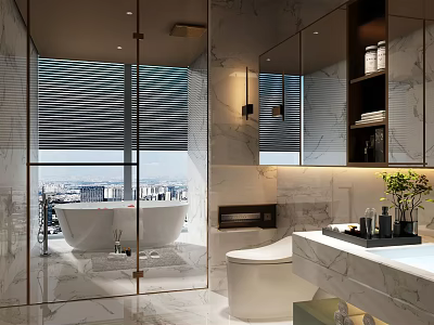 Luxurious Modern Bathroom With Marble Walls Glass Shower Bathtub City View And Vanity Mirror 3d model