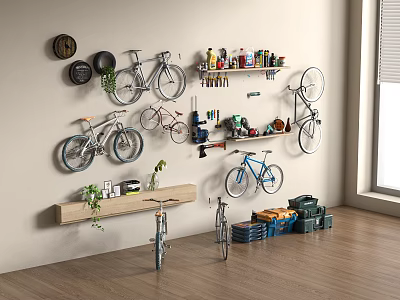 Bicycles Hanging on Wall with Shelves Tools Items Plant Decorations Wooden Floor and Window 3d model
