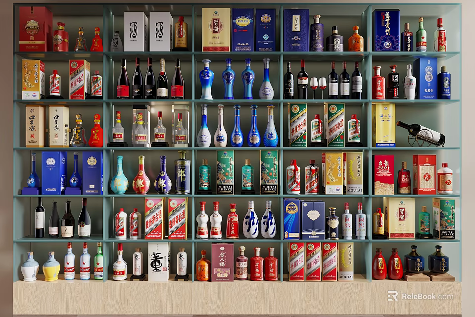 Diverse Wine Bottles and Glasses Display on Shelves with Assorted Brands and Colorful Designs 3d model 