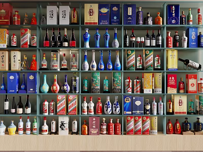Diverse Wine Bottles and Glasses Display on Shelves with Assorted Brands and Colorful Designs 3d model