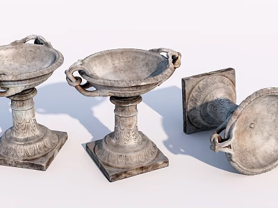 Three Piece Vintage Garden Ornaments With Carved Bases And Decorative Design 3d model