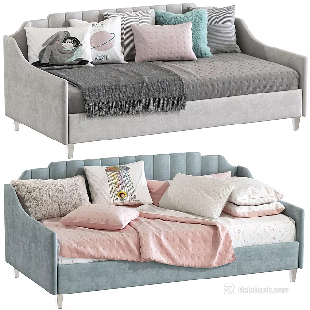 Gray and Blue Upholstered Toddler Beds with Decorative Pillows and Blankets 3d model 