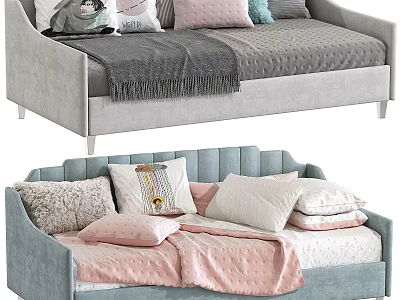 Gray and Blue Upholstered Toddler Beds with Decorative Pillows and Blankets 3d model