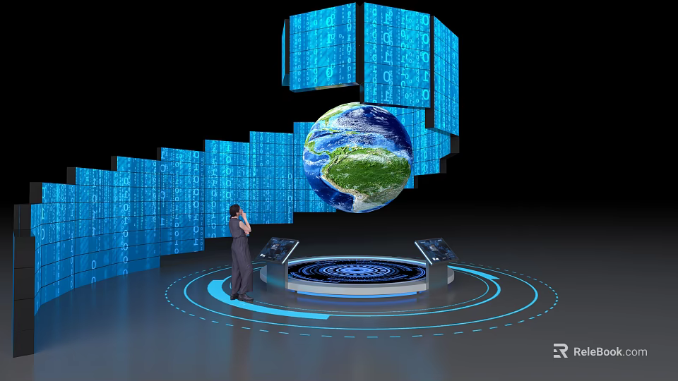 Digital Computer Console With Globe And Blue Code Spiral Blocks Operated By Person 3d model 