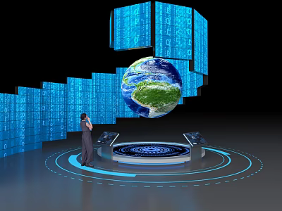 Digital Computer Console With Globe And Blue Code Spiral Blocks Operated By Person 3d model