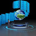 Digital Computer Console With Globe And Blue Code Spiral Blocks Operated By Person