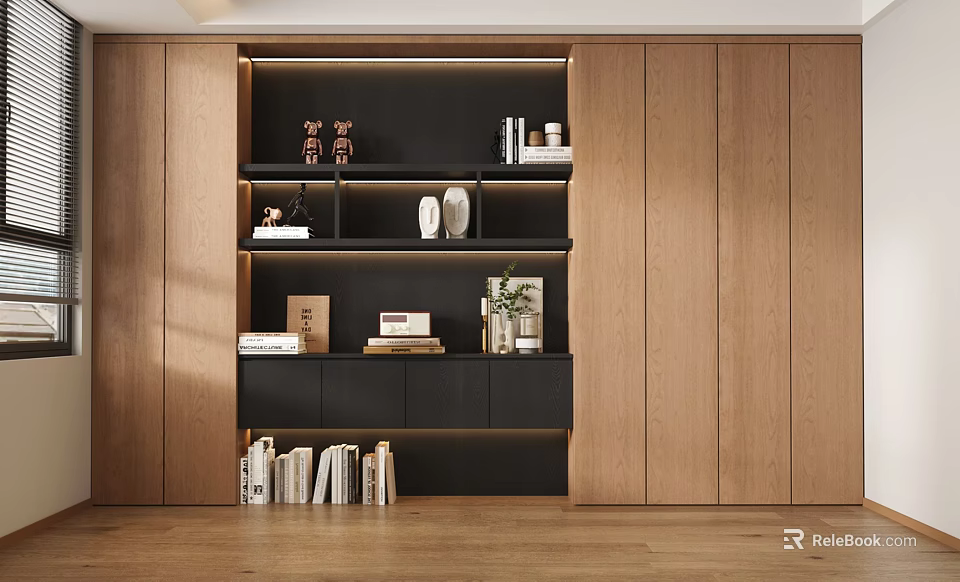 Modern Wooden Bookcase With Multiple Shelves Books And Decorations In Interior Room 3d model 