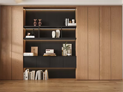 Modern Wooden Bookcase With Multiple Shelves Books And Decorations In Interior Room 3d model