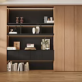 Modern Wooden Bookcase With Multiple Shelves Books And Decorations In Interior Room