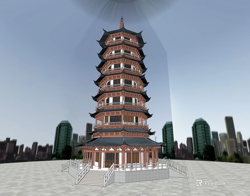 Traditional Chinese Multi story Pagoda With Curved Eaves In Urban Skyline 3d model 