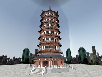 Traditional Chinese Multi story Pagoda With Curved Eaves In Urban Skyline 3d model