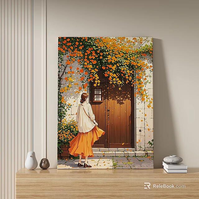 Oil Painting of Woman in Orange Dress by Brown Door with Yellow and Orange Vines 3d model 
