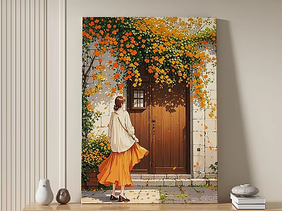 Oil Painting of Woman in Orange Dress by Brown Door with Yellow and Orange Vines 3d model