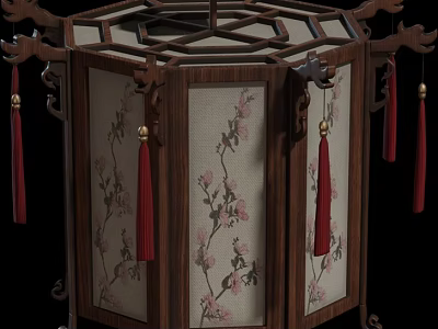 Elegant Traditional Chinese Wooden Chandelier With Floral Pattern And Red Tassels 3d model