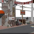 Retro Street Scene Featuring Old Time Cinema Small Grocery Brick Walls Neon Lights Zebra Crossing