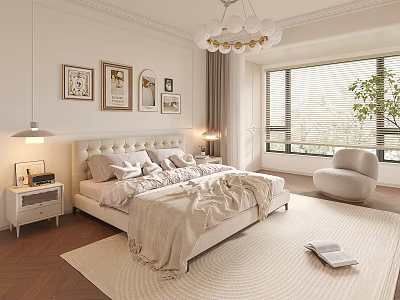 Modern Bedroom Interior With King Bed Light Bedding Nightstands Chandelier Window Blinds And Area Rug 3d model