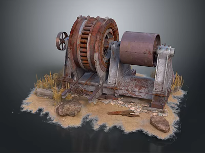 Rusty Industrial Machinery With Vintage Gear And Drum Surrounded By Stones And Dry Grass 3d model
