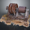 Rusty Industrial Machinery With Vintage Gear And Drum Surrounded By Stones And Dry Grass