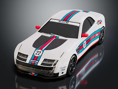 White Race Car With Red And Blue Stripes Number 22 Monaco Logo Shiny Finish 3d model