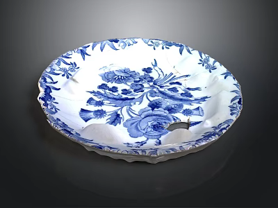 Blue and White Porcelain Plate with Intricate Floral Patterns and Elegant Rim Design 3d model