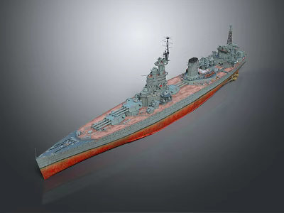 Detailed Large Warship Model With Multiple Turrets Gray Deck and Red Bottom Hull 3d model