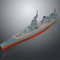 Detailed Large Warship Model With Multiple Turrets Gray Deck and Red Bottom Hull 3d model