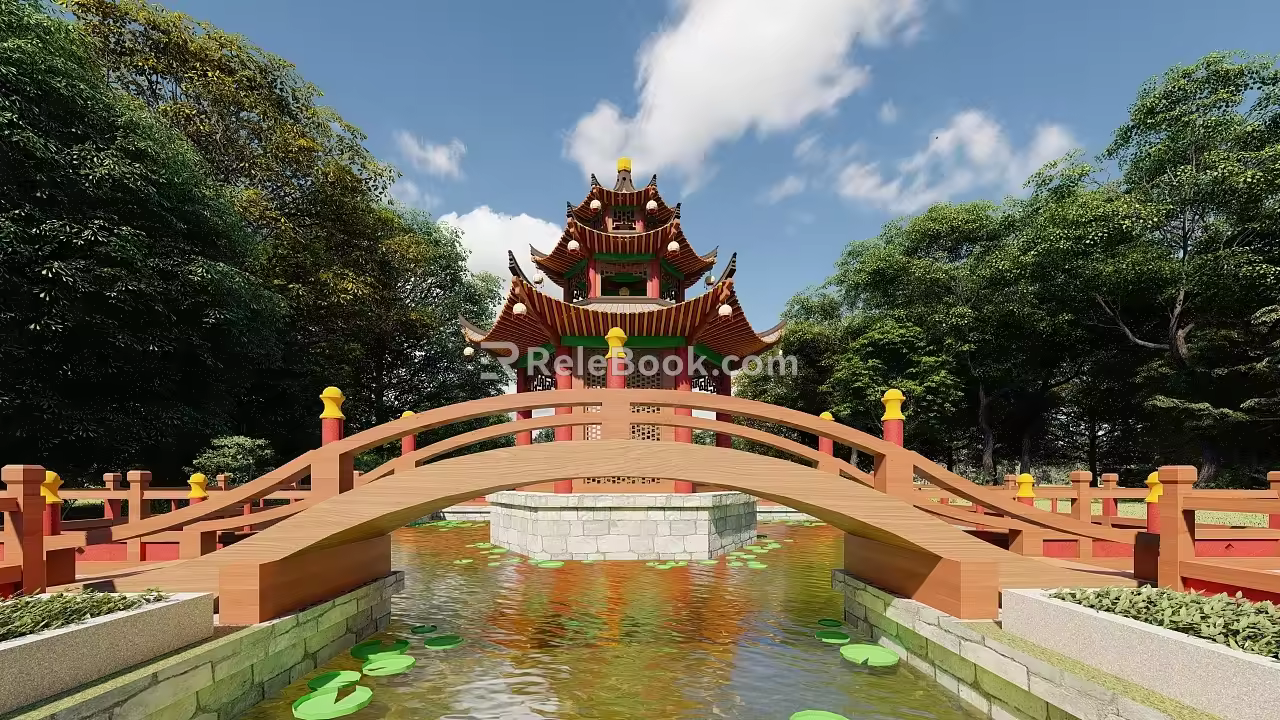 Chinese style pavilion small bridge pavilion 3d model