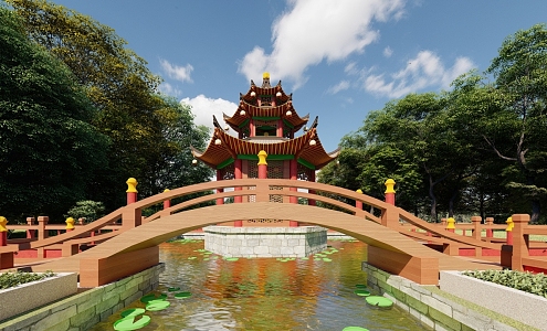 Chinese style pavilion small bridge pavilion 3d model