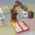 Industrial Robotic Arm With Yellow Safety Fence Handling Packaged Goods On Conveyor Belt