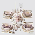 Elegant Dinner Table Setting With Pink Flowers White Pumpkins Golden Utensils And Glassware