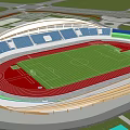 Sunlit Stadium Building With Red Running Track Blue Stands Green Lawn And Curved Roof
