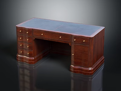Elegant Classic Wooden Office Desk With Leather Desktop And Multiple Golden Handle Drawers 3d model