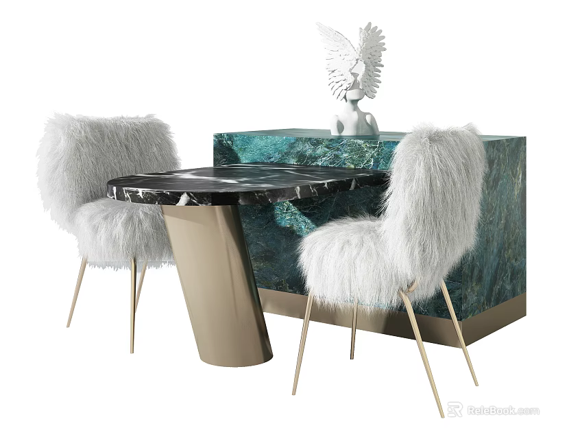 Modern Dining Table Set With Black Marble Top Gold Legs White Fluffy Chairs Green Cabinet 3d model 