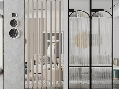 Modern Room Dividers With Vertical Slats And Black Frame Arched Glass For Living Space Decor 3d model