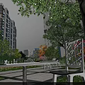 Residential Landscape with Tall Buildings Green Trees Benches and Paved Leisure Path