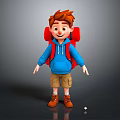 Cartoon Style Game Character Boy With Reddish Brown Hair Blue Hoodie And Red Backpack