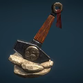 Traditional Weapon Featuring Wooden Handle Ring Red Tassel And Pattern Metal Head On Stones