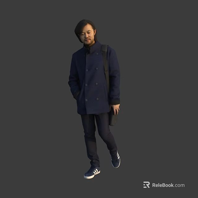 Man in Dark Blue Double Breasted Coat with Backpack and Sneakers on Gray Background 3d model 