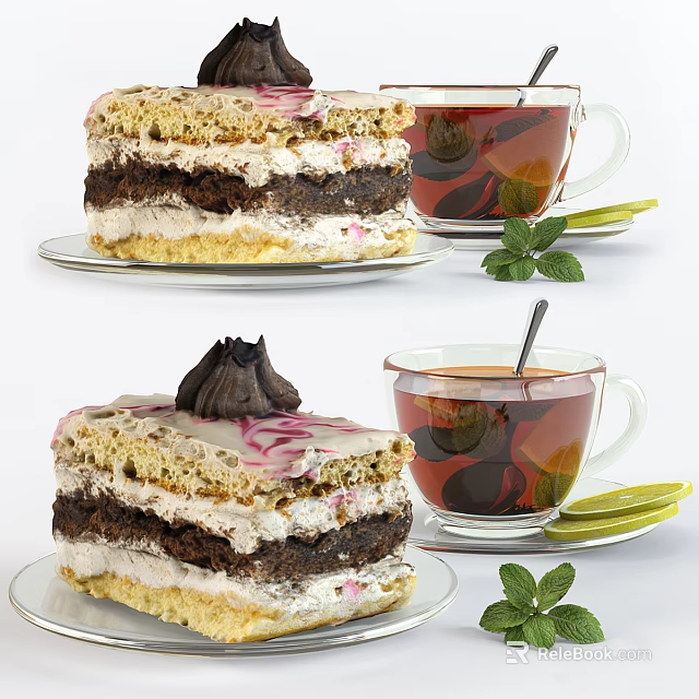 Delicious Layered Cream Cake With Tea Mint And Lime Slices 3d model 