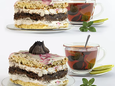 Delicious Layered Cream Cake With Tea Mint And Lime Slices 3d model