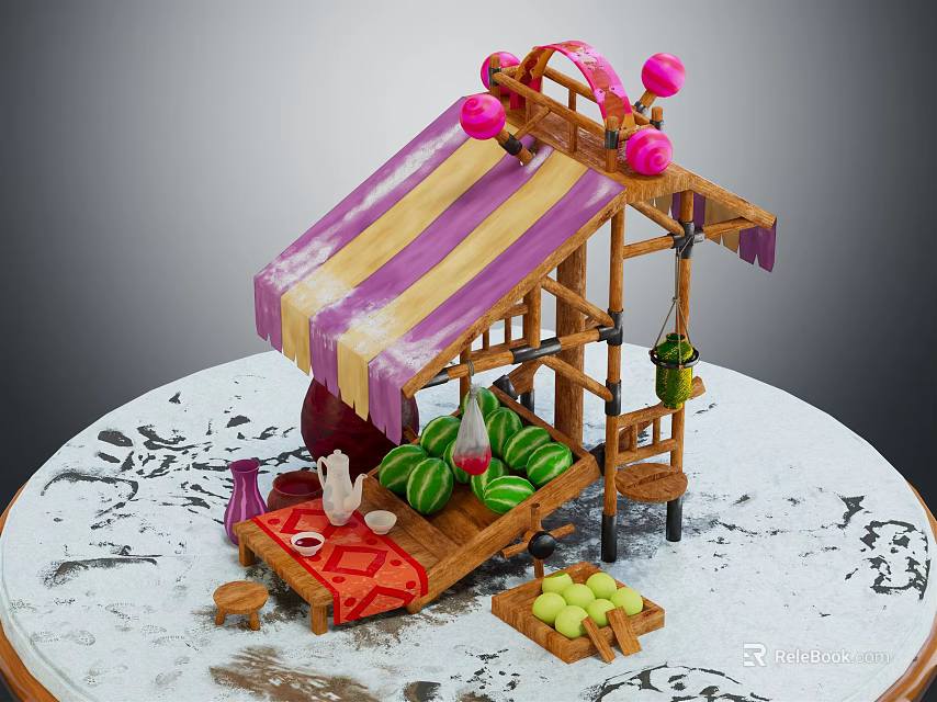Miniature Fruit Stall With Purple Yellow Striped Awning Pink Lanterns Watermelons And Green Fruits 3d model 