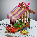 Miniature Fruit Stall With Purple Yellow Striped Awning Pink Lanterns Watermelons And Green Fruits